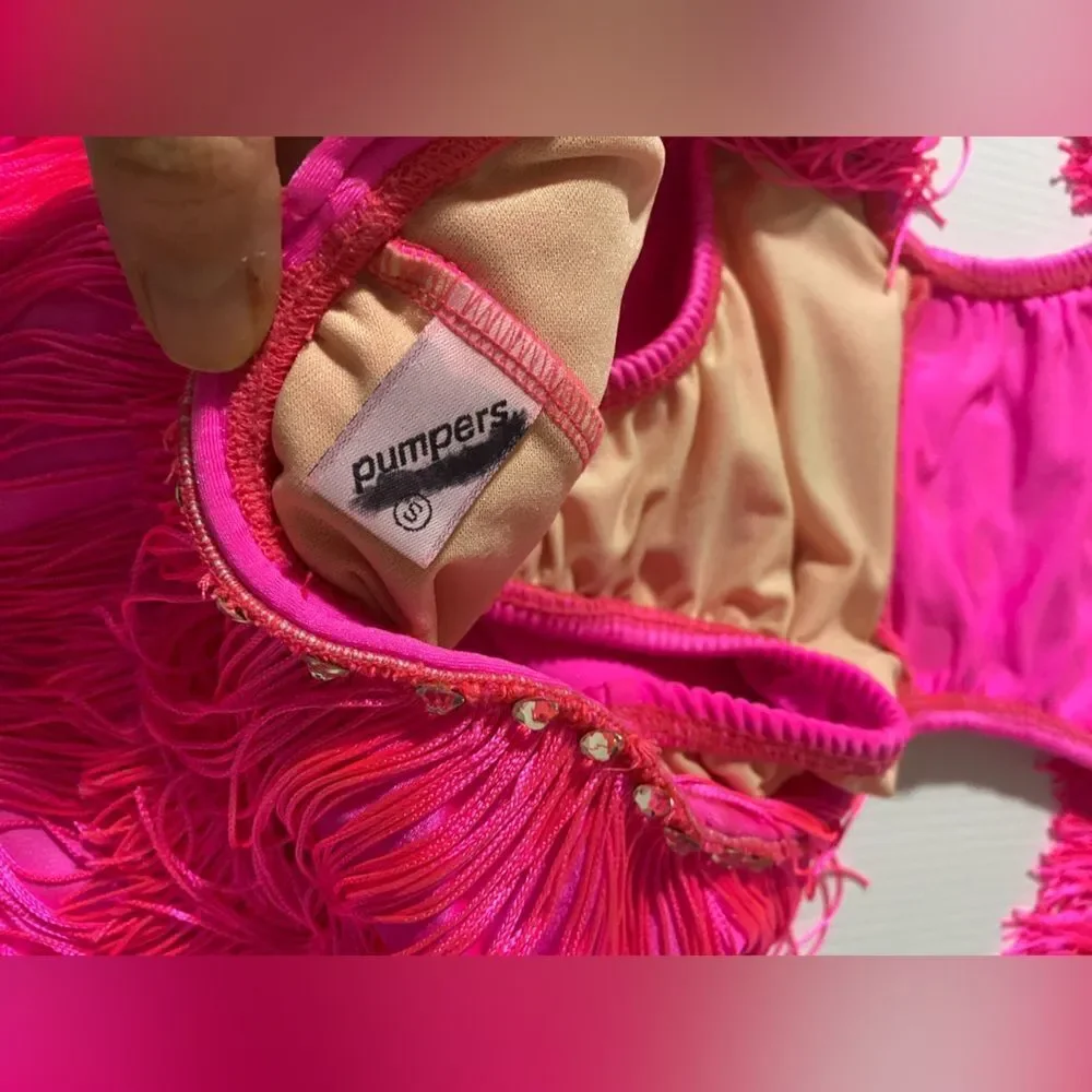 Pumpers solo Custom hot pink fringe dance costume leotard SA-Small adult